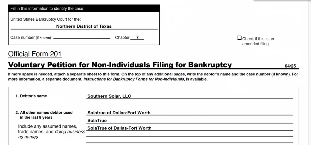 Southern Solar LLC Chapter 7 Bankruptcy Petition