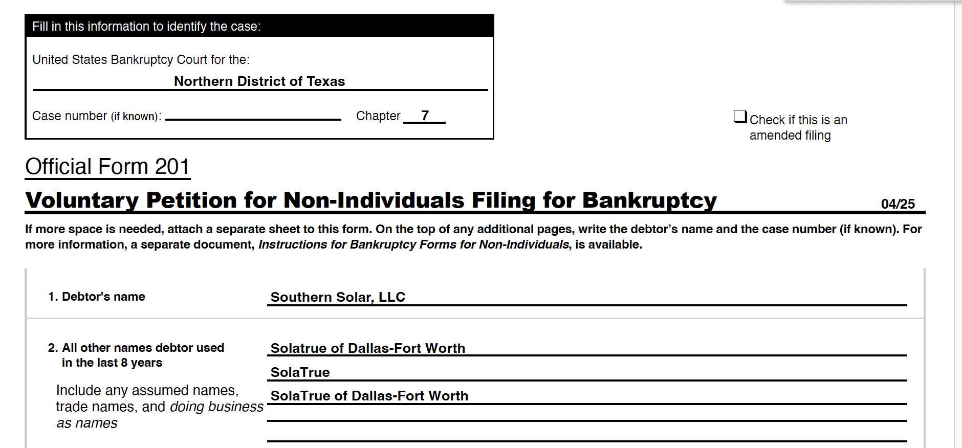Southern Solar LLC Chapter 7 Bankruptcy Petition